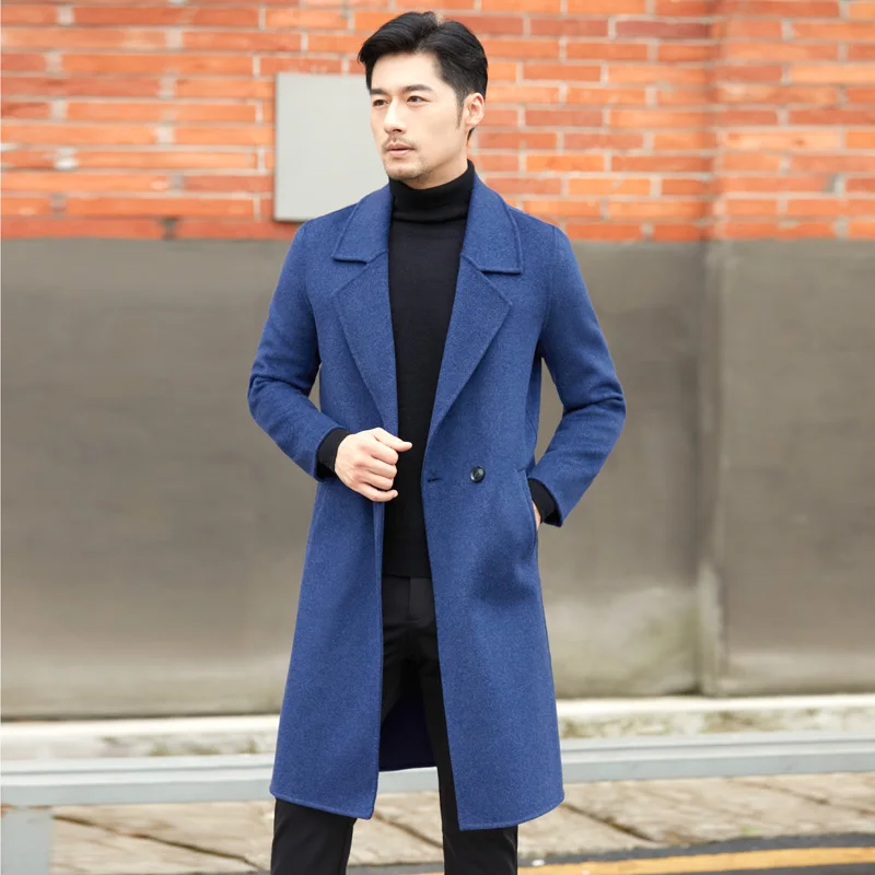 High End Long Men\'s 100% Pure Wool Suit Woolen Cardigan Jacket Autumn/ Winter New Woolen Business Double-sided Cashmere Coat