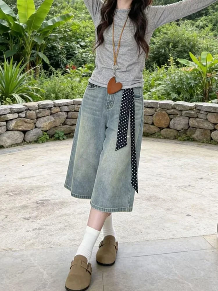 

American Style Light Wash Wide Leg Seven-Foot Women's Jeans Summer New High Waist Loose Slimming plus Size Straight Short Pants
