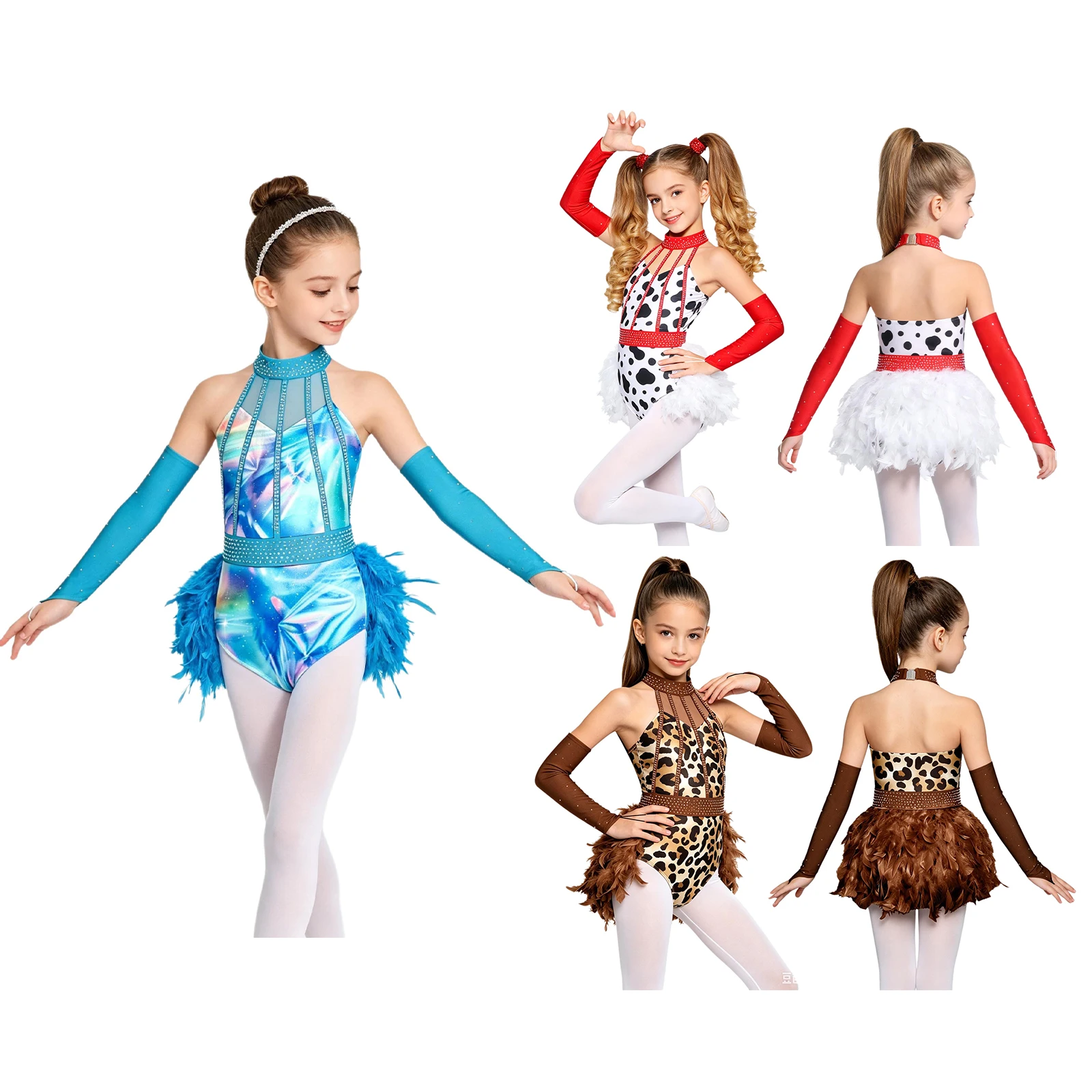 Kids Girls Jazz Feather Decor Jumpsuit Sparkly Rhinestone Cha-cha Latin Dance Costume Sleeveless Rumba Tango Leotard Dancewear