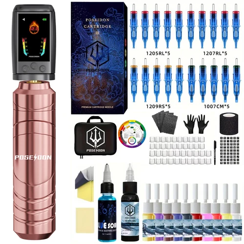 Kit de tatuaje POSEIDON, Kit de pluma de tatuaje con pantalla a Color para maquillaje permanente, Kit de máquina de tatuaje, fuente de alimentación de tatuaje rosa, Kit de tatuaje