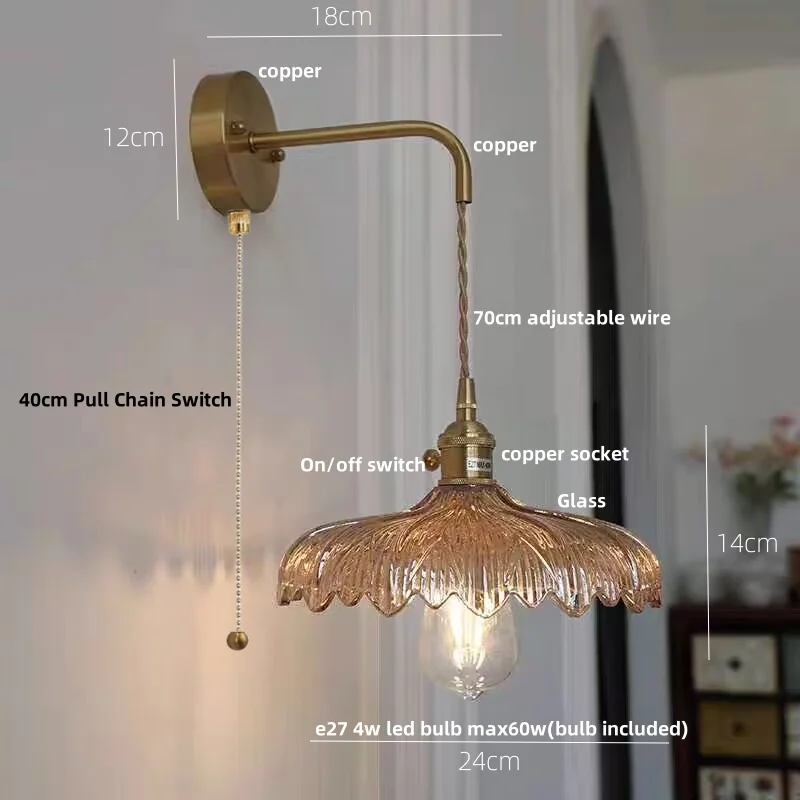 IWHD Amber Vintage LED Wall Light Fixture Hallway Coffee Bedroom Glass Copper Pull Chain Switch Bedside Lamp Lamparas De Pared