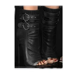Black Metal Ring Mid Calf Boots Peep Toe Thin High Heel Fashionable Sexy 2025 Winter Big Size Woman Shoes Zapatillas Mujer