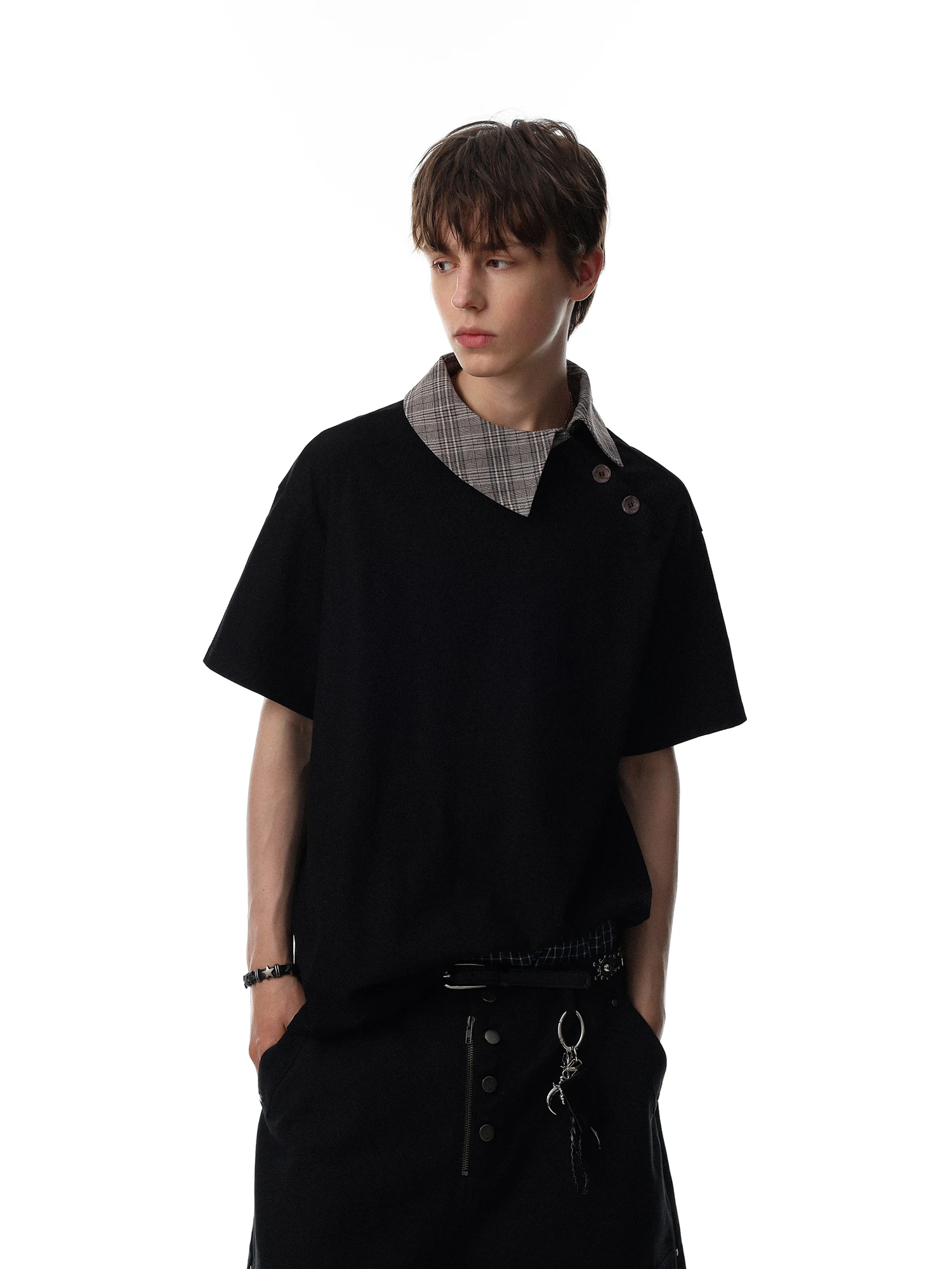 Loose Fit Men's Short Sleeve  Shirt Contrast Collar American Retro Plaid Pattern Breathable Moisture Wicking Single Button