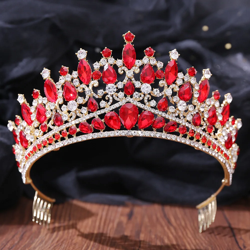 Baroque Blue Green Opal Wedding Crown With Comb Crystal Royal Queen Bridal Tiaras Big Rhinestone Pageant Diadem Head Accessories