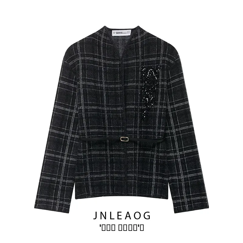 

Faionable Plaid Knitted Jaet with Belt Women's Autumn New Arrival Versatile Outerwear ort Sle Long Sve Polyester