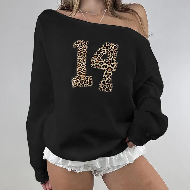 

Fashion American Ins Leopard Print Digital Patch Sexy Oblique Collar Plus Velvet Sweatshirt Winter Warm Women Street Y2K Top