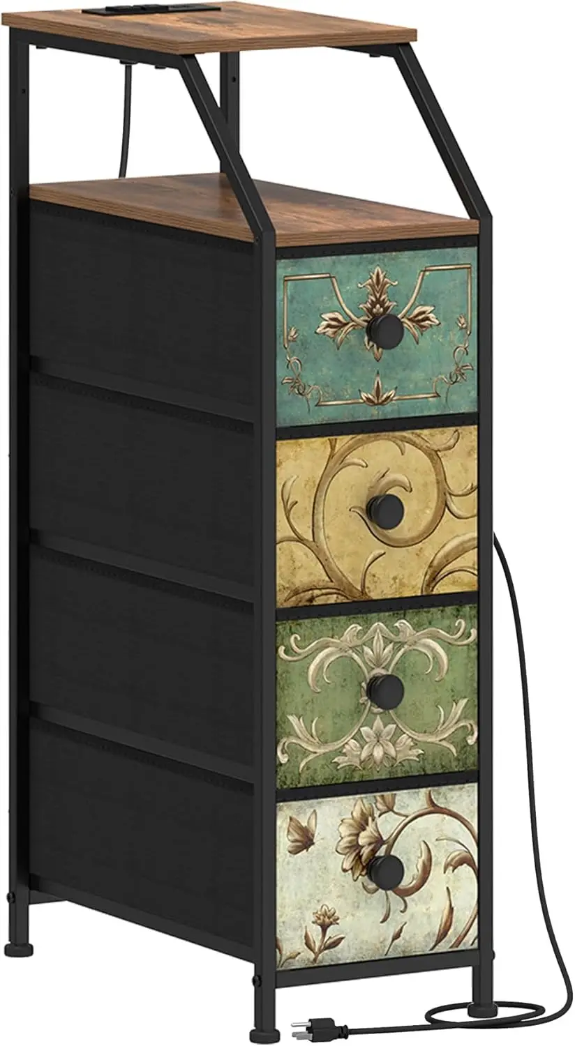 

Narrow Dresser. Slim Chest of Drawers. Charging Station. Nightstand. Bedroom, Bathroom. Retro Flower, 4 Drawers.