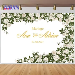 AIBIIN Customize Text Wedding Backdrop Green Leaf Rose Floral Anniversary Birthday Poster Bridal Shower Party Decor Background