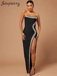 High Quality Women'S Sexy Strapless Backless Heavy Industry Diamond Crystal High Slit Masi Bandage Dress Elegant Party Vestidos