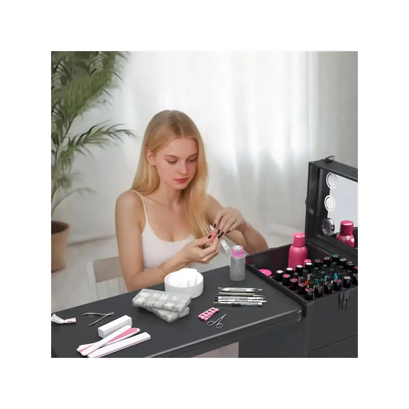 Portable Nail Art Table with LED Mirror, Bluetooth Function, Lockable Drawers, and Telescopic Pole - Folding Manicure Station