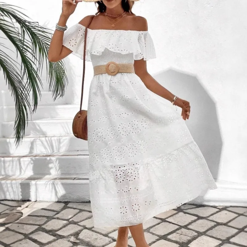 Vestido de Noiva Feminino Boêmio de Renda Longo Branco para Praia Novo Tomara que Caia Ombro Único Sexy Vestido Maxi de Baile para Mulheres Vestidos