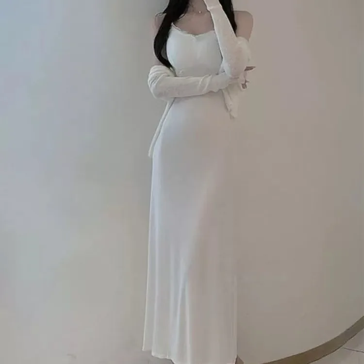 Dongda Gate Faion Comfortabele nieuwe trendy dames Dr met borstkussen Lange strapl gebreide jurk Hoge taille Fi-staartrok