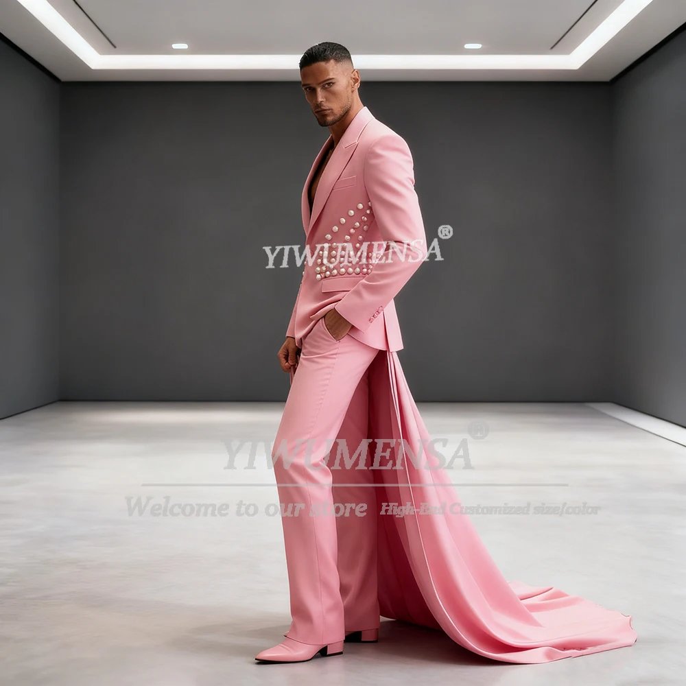 بدلة صلبة حصرية للرجال مع كيب طويل مخصص واحد الصدر للحفلات الراقصة ملابس لؤلؤية لحفلات الزفاف والعريس البدلات الرسمية Ropa Hombre