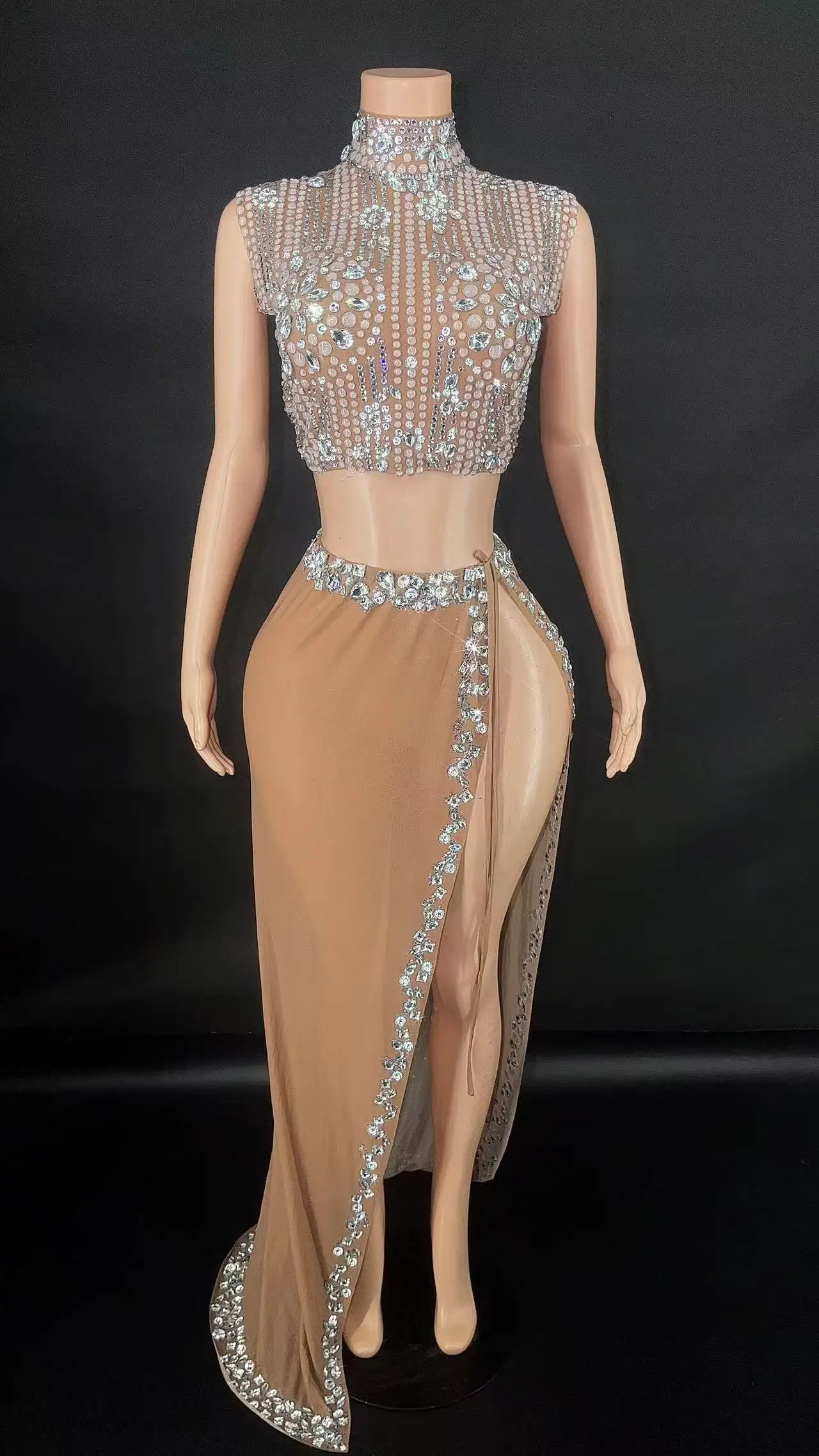 ZD Seksowny, błyszczący, srebrny, zdobiony cyrkoniami top i spódnica, dwuczęściowy zestaw damski na wieczorne przyjęcie, kostium sceniczny do klubu nocnego