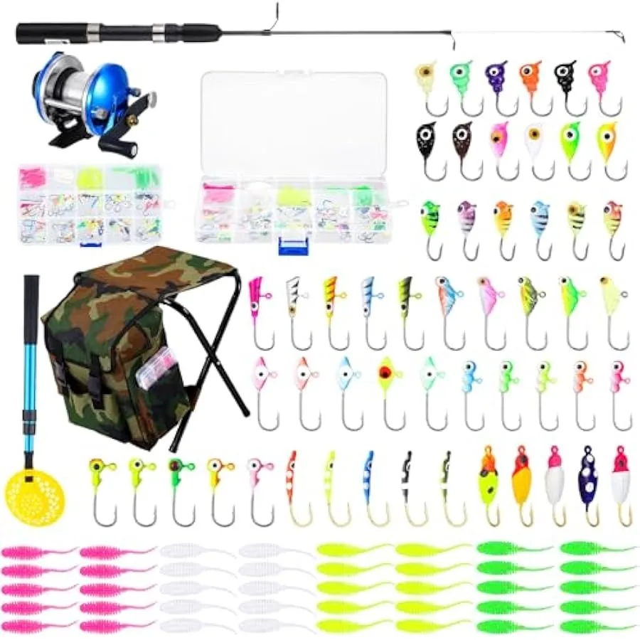 

Hungdao Ice Fishing Rod and Reel Combo Ice Fishing Gear with Folding Backpack Chair Ice Fishing Pole Ice Scoop Ice Fishing Jigs