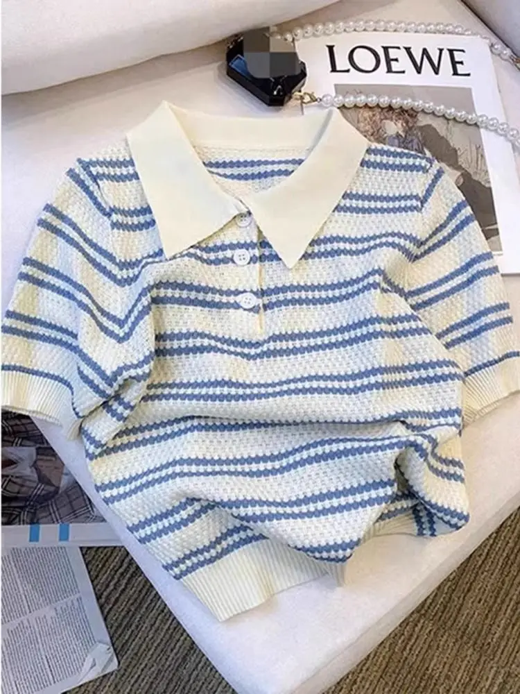 

Полосатая женская трикотажная футболка с короткими рукавами и цветными блоками, свободный повседневный тонкий топ с воротником с лацканами