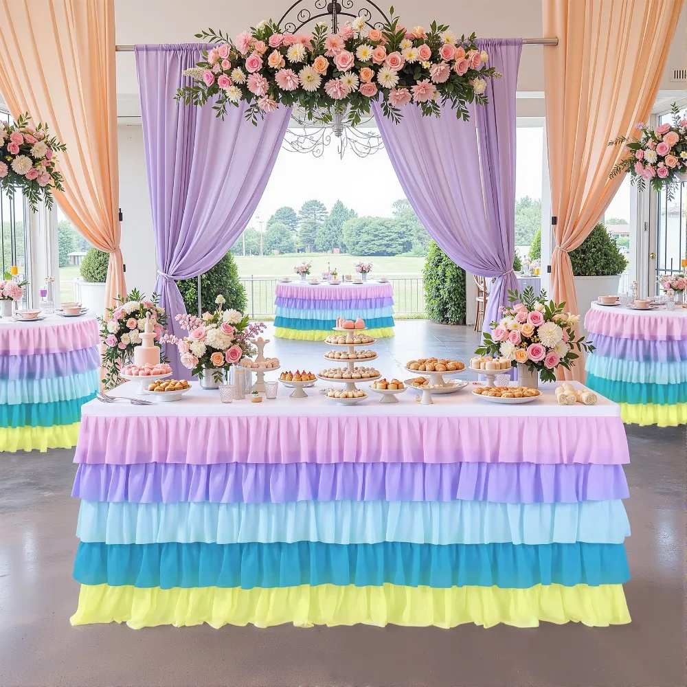 Falda de mesa de cinco capas con volantes para fiesta de bautizo de bebé, adecuada para diversas formas de mesa, con borde de hoja y volantes decorativos