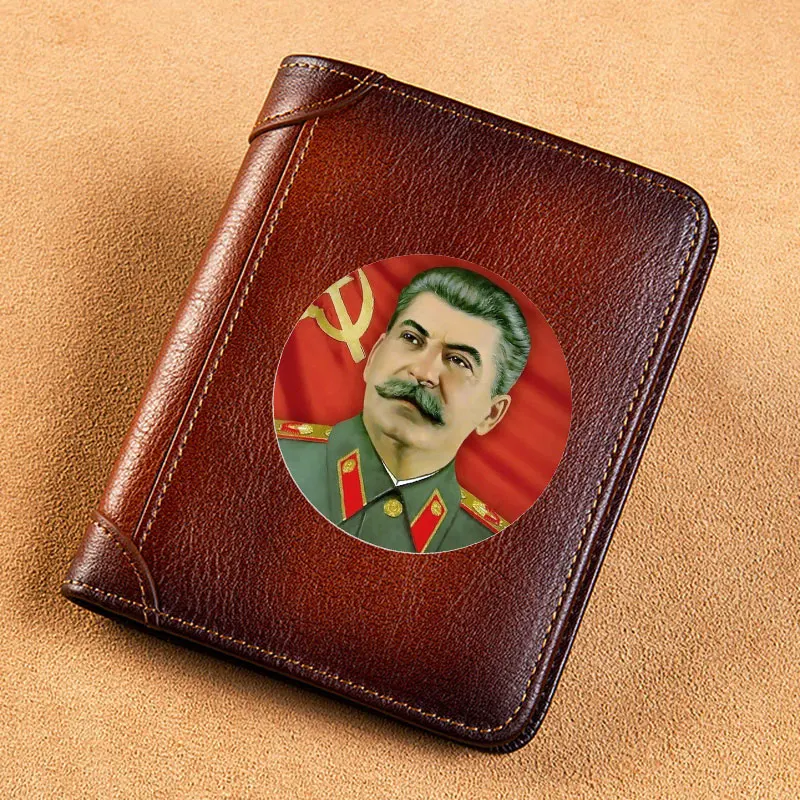 High Quality Genuine Leather Men Wallets Soviet Heroes Stalin Printing Short Card Holder Purse Billfold Men's Wallet BK1208