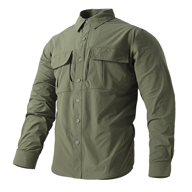 Immagine 4: Camicie da trekking tattiche da uomo, a maniche lunghe, stile cargo, camicie da lavoro, camicie estive per attività all’aperto, ad asciugatura rapida, camicie da caccia, con molteplici tasche, impermeabili.