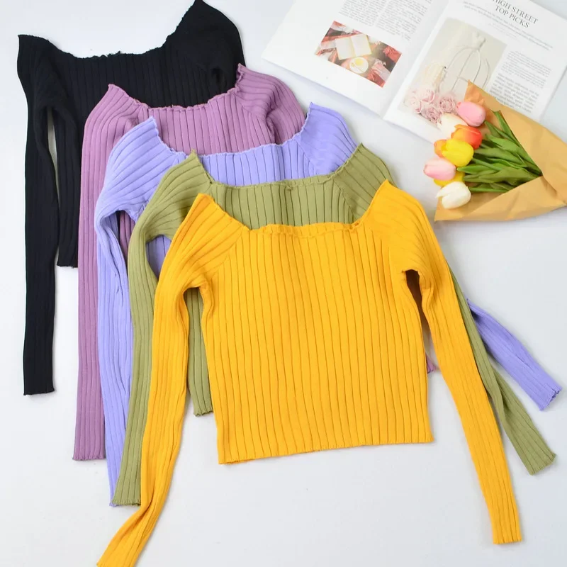 Women Summer Purple Knitted T-shirts Off Shoulder Crop Tees Women Stripes T-shirts Ruffles Hem Tees For Women Tops