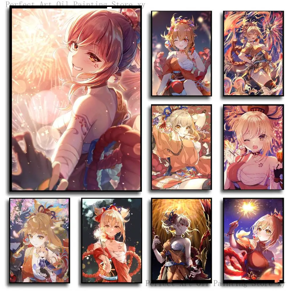 Game Genshin Impact Character Yoimiya Poster Self-adhesive Art Room Entrance Restaurant Wall Decor Art Painting