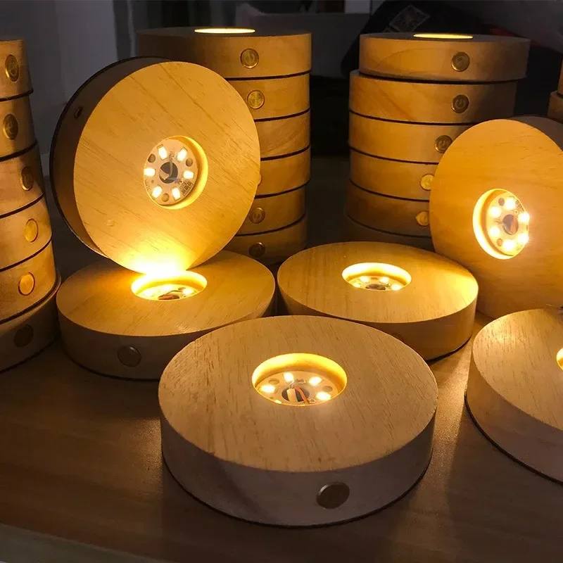 LED Light Wooden Lights Base Crystal Glass Resin Art Display Stand Round Rechargeable Bedroom Holiday Daily Lighting Decoration