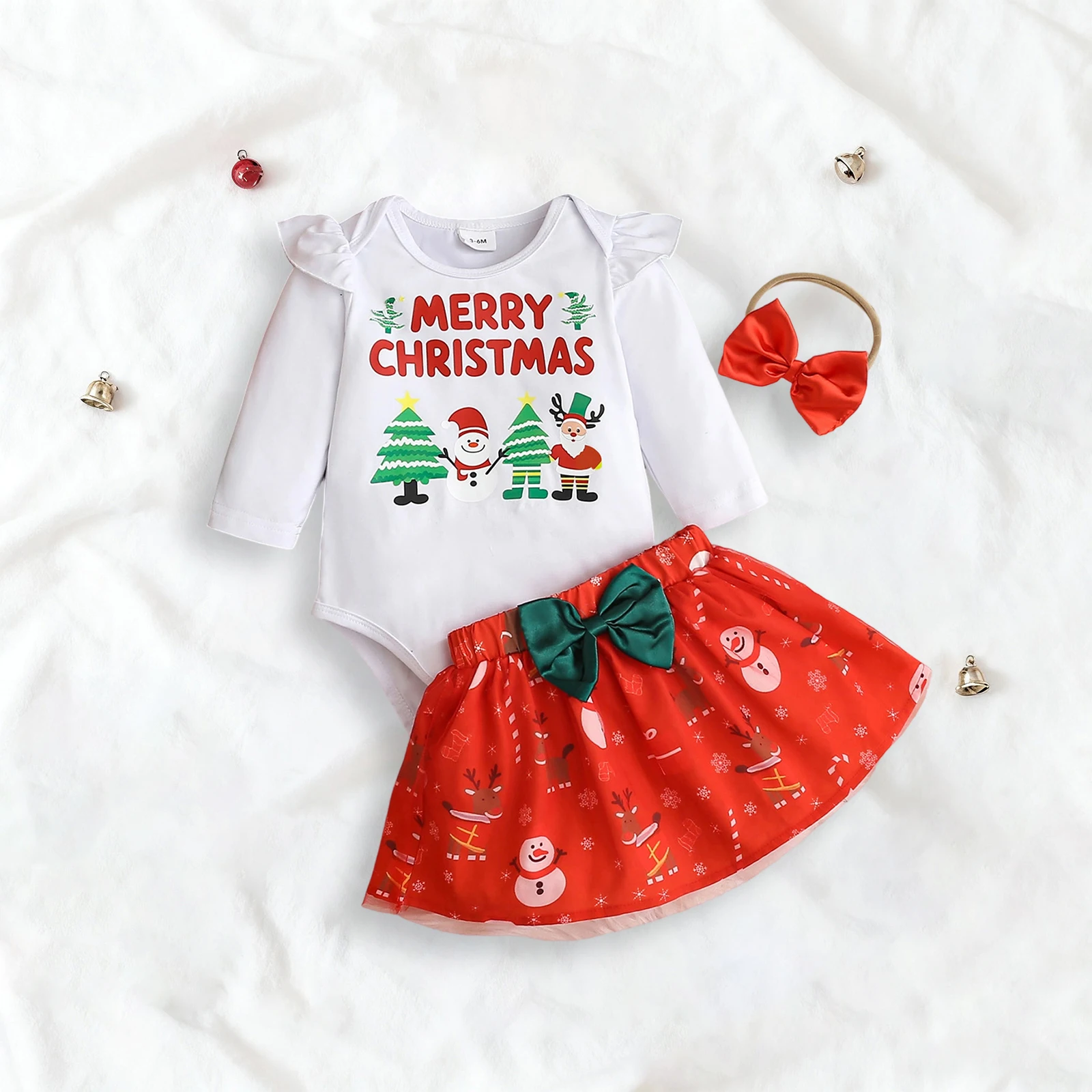 طفلة عيد الميلاد الزي طويلة الأكمام رومبير القوس الجبهة تنورة عقال مجموعة ملابس الوليد