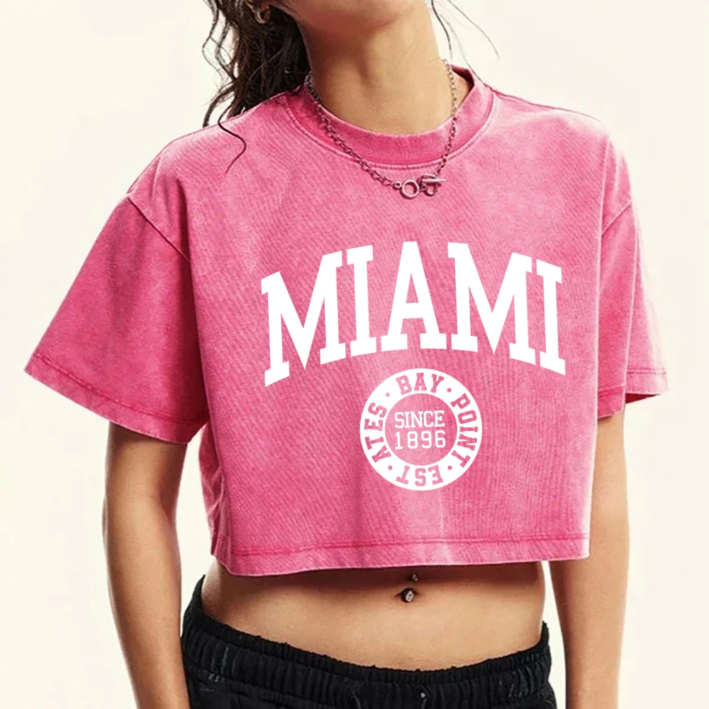 Women\'S Cotton Washed T-Shirts Summer Distressed Regular Fit Crop Tops Miami, Usa Printing Short Sleeve Casual Female Clothes