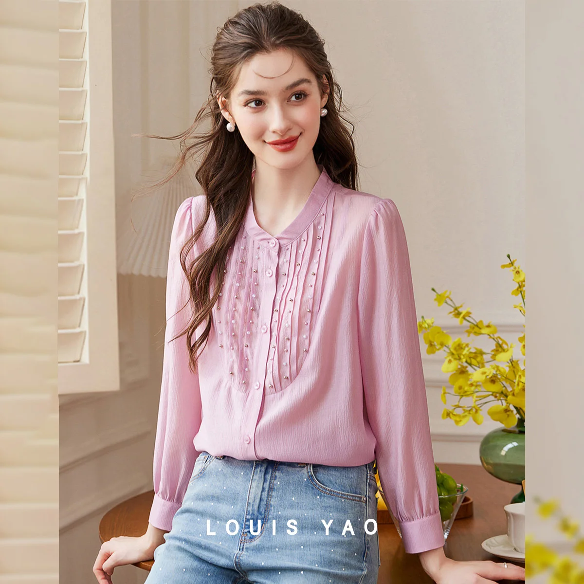 

LOUIS YAO Embroidered Flares Patchwork Women's Shirt 2025 Autumn Elegant Single-breasted Cardigan Long-sleeved Blouses Tops