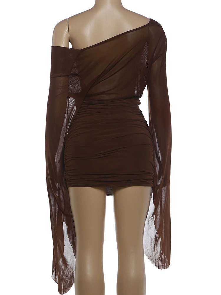 Weird Puss Kleid mit Schwingkragen für Damen, sexy, modisch, mit Mesh-Patchwork, gerafften Puffärmeln, heiß, trendig, für Party und Club, pfirsichfarben, figurbetont – Detail 5
