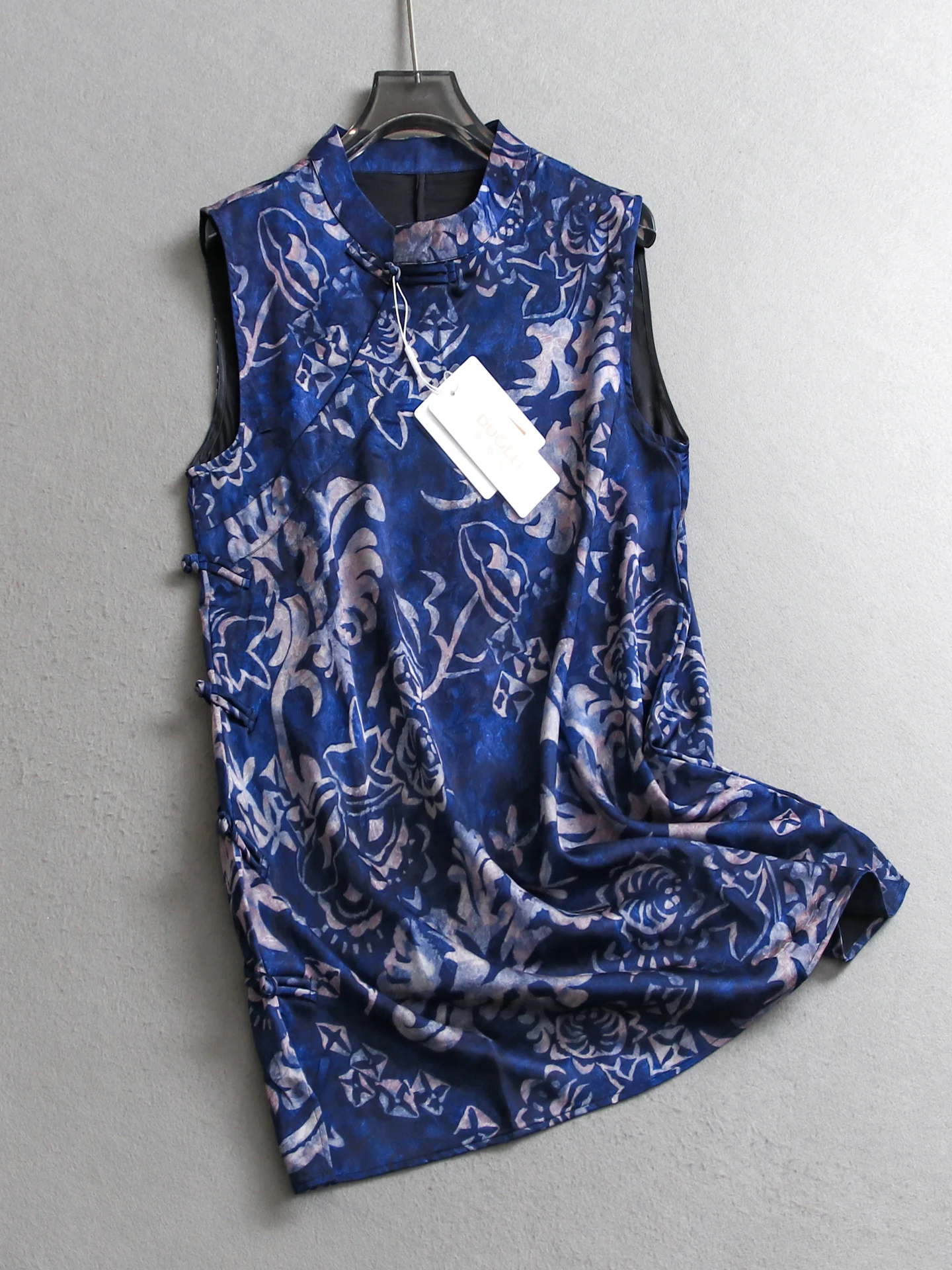 

New Chinese Style Satin Surface Midi Sleeveless Stand Collar Qipao Vest Women's Tank Top Commute Style Polyester Fiber