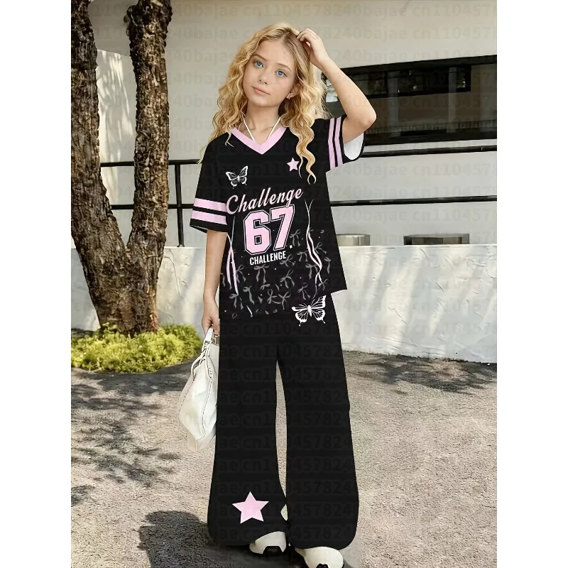 Y2K Girls' Kid Fashion Set, Featuring A Cute Print, Includes A Two-Piece Set of A T-Shirt and A Pair of Pants, for Outdoor