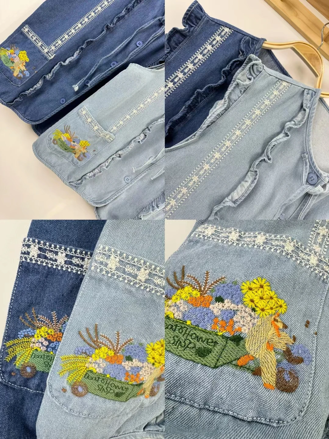 Spring Summer Sweet Sle Women's Denim Jaet with Embroidery Belted round Ne ket Floral Trim Versatile oulder Pad