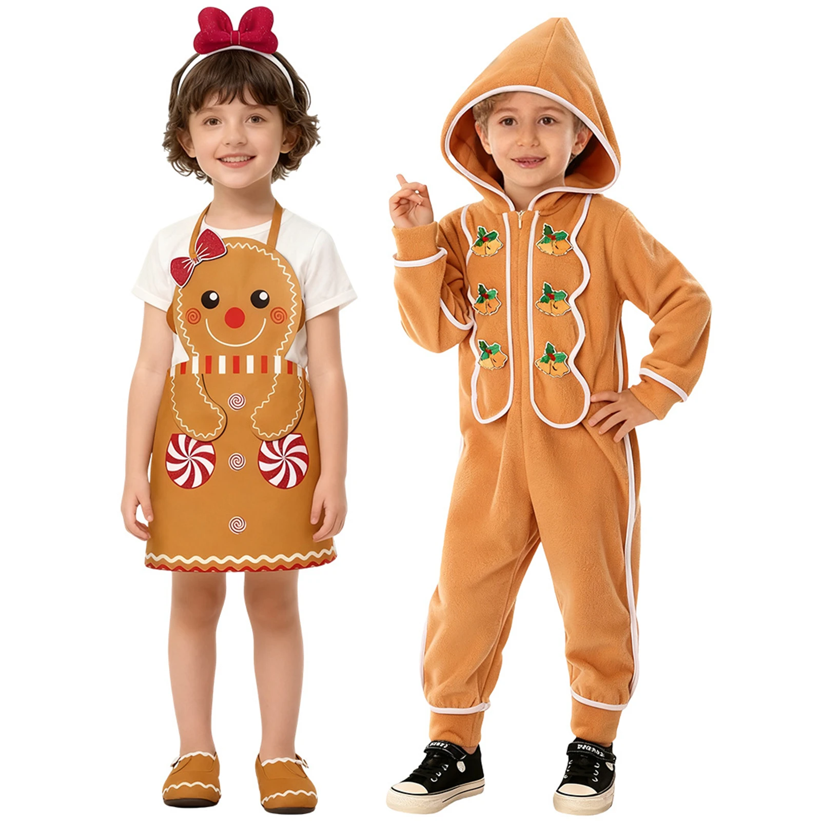 

Children'S Christmas Gingerbread Man Cosplay Costume Flannel Jumpsuit Pajamas Apron Boys Girls Santa Claus Party Costumes
