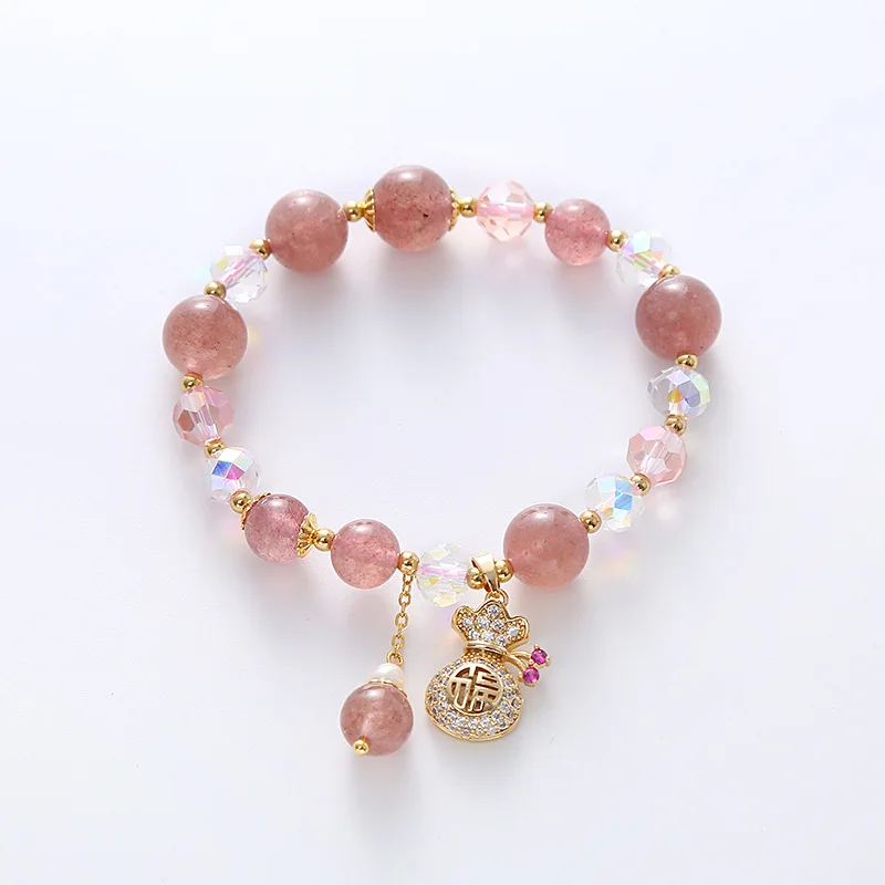 Strawberries Pink Rose Powder Crystal Quartz Natural Stone Streche Bracelet Elastic Cord Pulserase Jewelry Beads Lovers Woman Gi