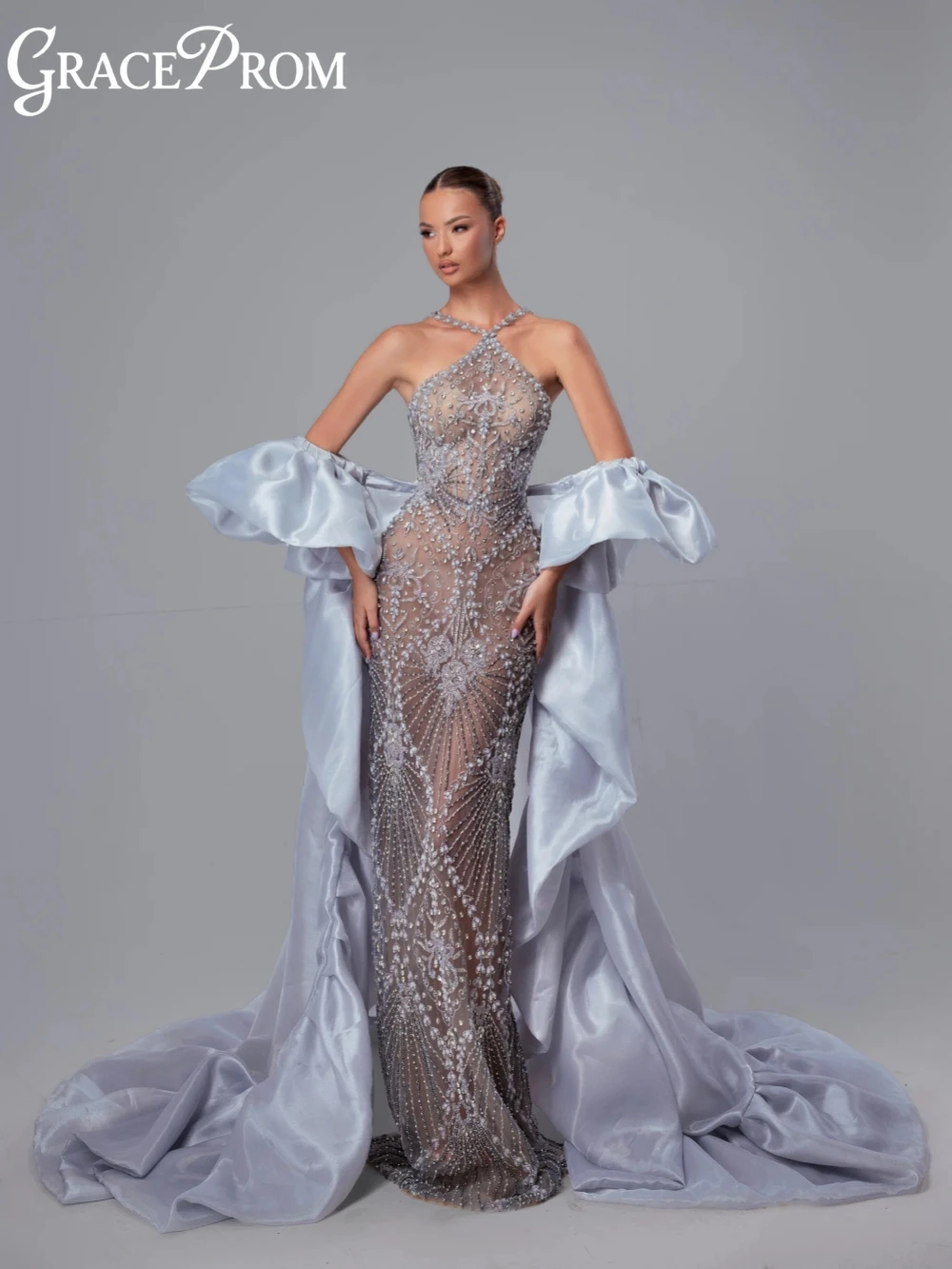 

New Arrival Luxurious Beaded Long Evening Dress With Cape Sexy Illusion Halter Wedding Party Gown Customized Shiny Prom Dresses