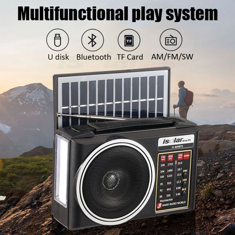 Portable FM/AM/SW Radio Solar Charging Multi Band Emergency Radios Receiver Powerful Bluetooth Speaker with Flashlight TF USB