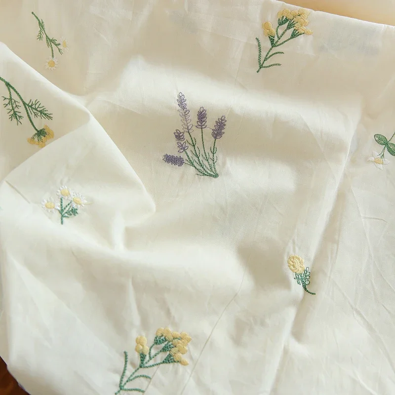 Beige Pastoral Lavender Embroidery Pure Cotton Fabric DIY Handmade Clothes Dress By the meter
