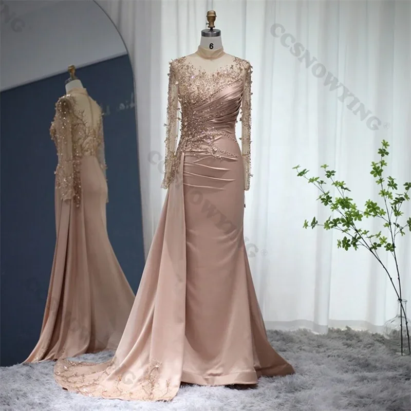 

Long Sleeve High Neck Prom Dresses Evening Gowns Satin Appliques Beaded Formal Party Dress Arabic Dubai Women Robe De Soiree