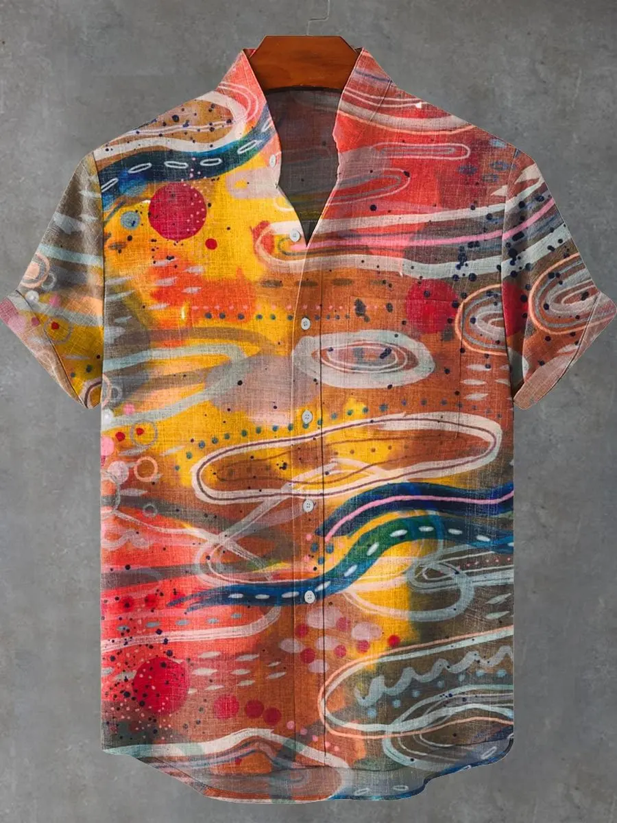 قميص رجالي كاجوال فضفاض مطبوع عصري جديد، قميص كتان عصري خفيف الوزن وجيد التهوية مناسب للسفر في الهواء الطلق