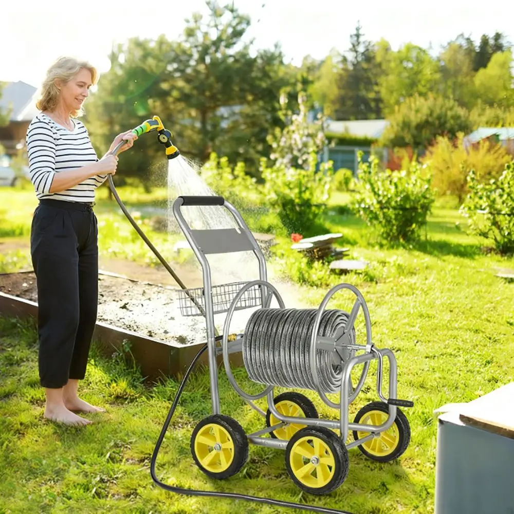 Garden Hose Reel Cart Metal with 4 Wheels and Storage Basket