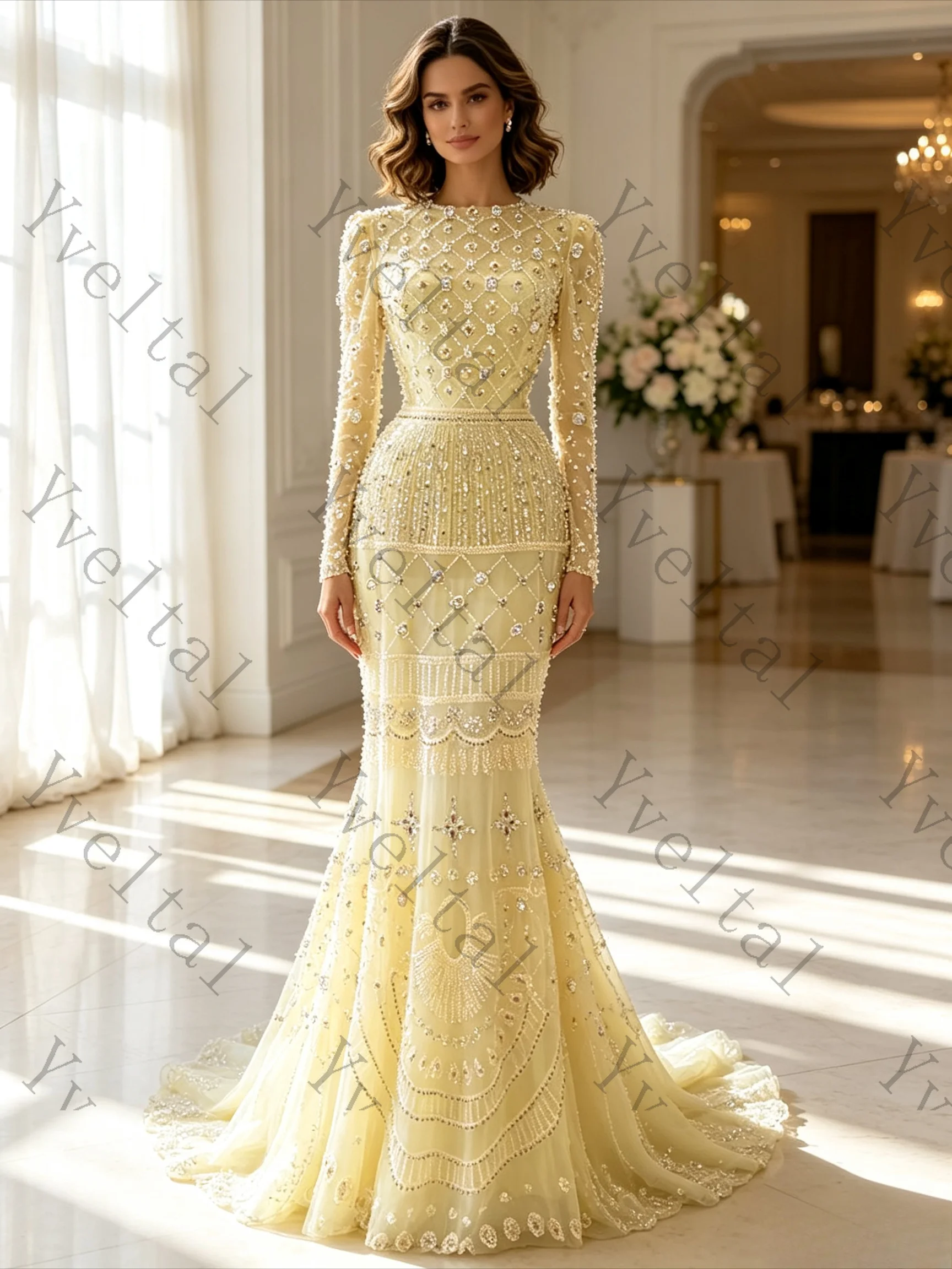 Customized Women Elegant Beaded Crystal Wedding Gown Full Sleeve Sheath Mermaid Floor Length Maxi Dress for After Bridal Party