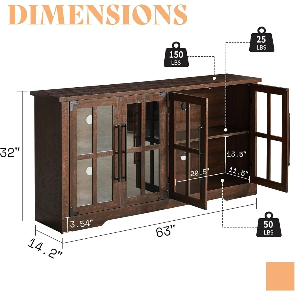 Armoire de planche avec rangement, armoire de ferme moderne avec 4 portes en verre et étagère réglable, buffet en bois