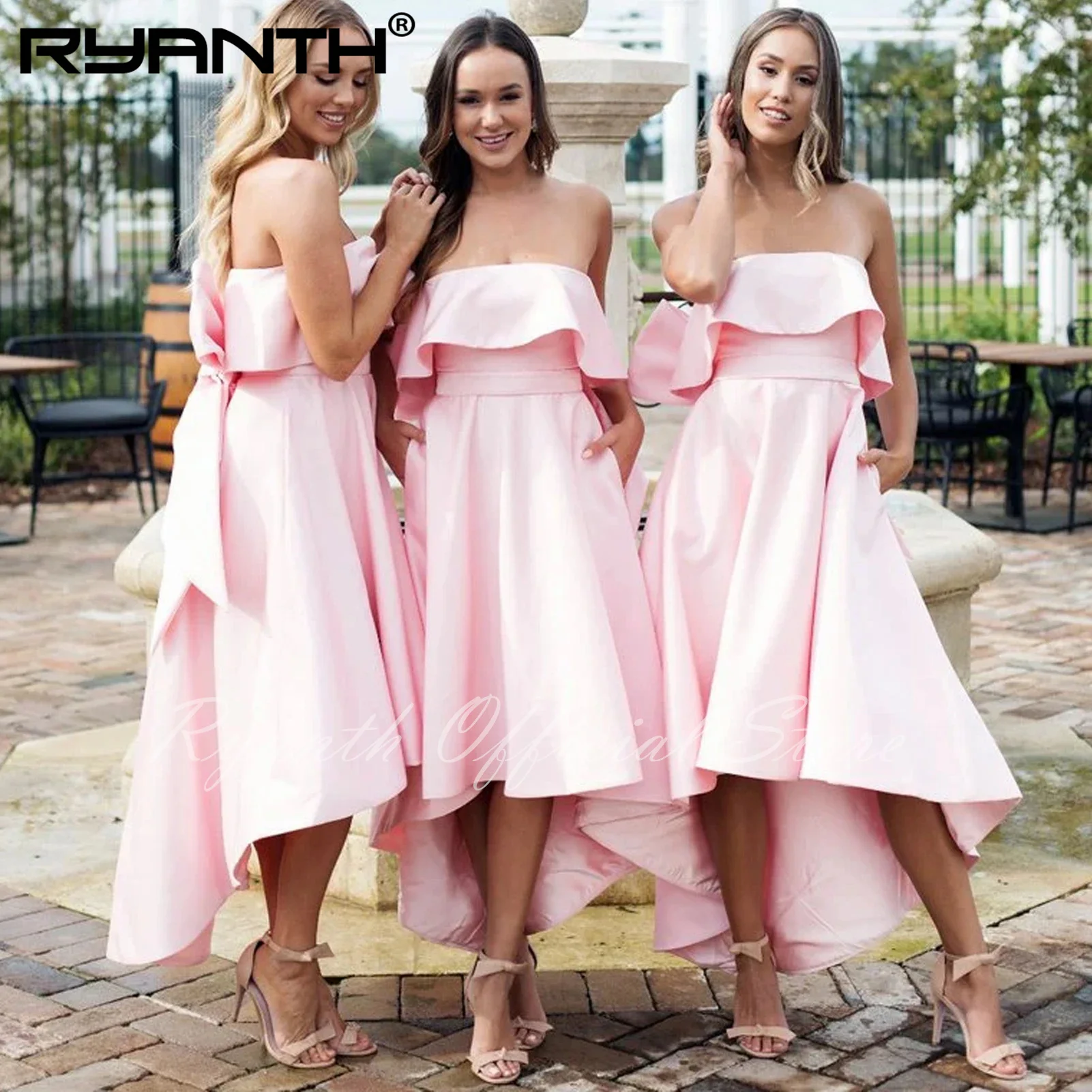 

2024 Elegant Strapless Short Bridesmaid Dresses Chic Bow Hi-Lo Sleeveless Wedding Party Gowns Satin Backless Maid Of Honor Gowns