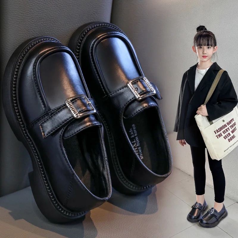 

Girls' PU Leather Shoes Spring Autumn Flats Children's Black British Style Loafer Soft Sole Comfortable Princess Kids School