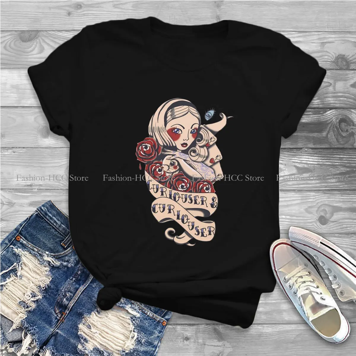 Curiouser Alice O Neck TShirt Rabbit Animal Pattern Original Polyester T Shirt Woman's Clothes Fashion