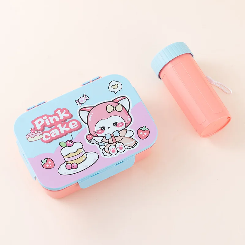 Cartoon Cute Bento Box Lunch Box Rectangular Flip Plastic Preserving Box Student Lunch Box Divided Water Cup Set