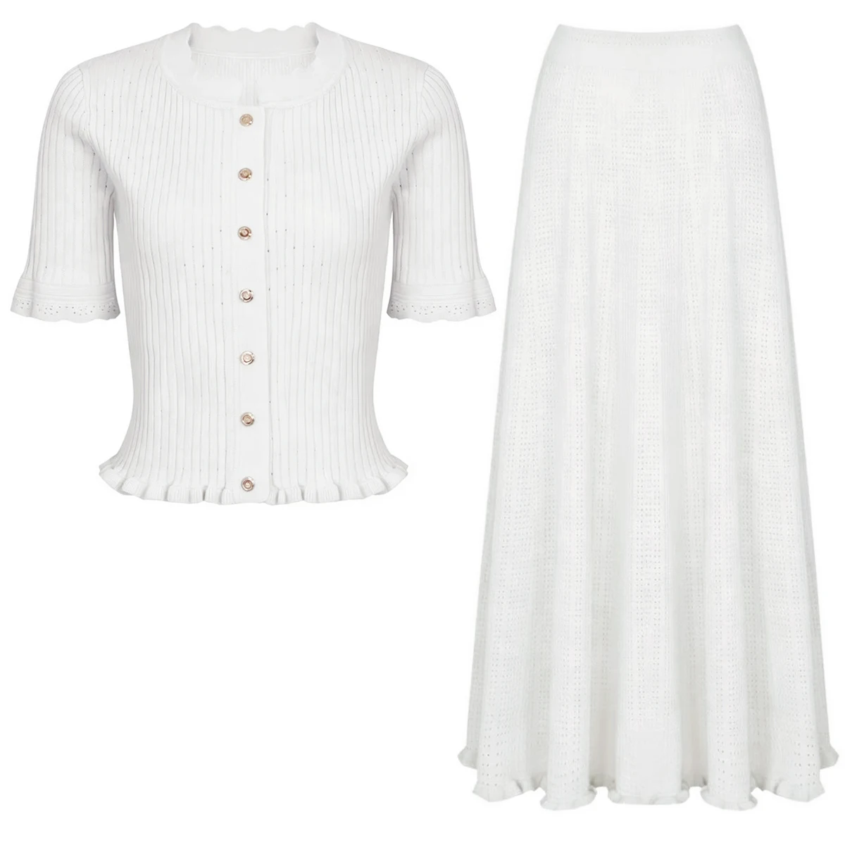 26266 Summer Autumn Knitted Two Piece Set Ruffled Collar Cardigan Cut Out Midi Slim Dress For Women Daily Fashion Suit