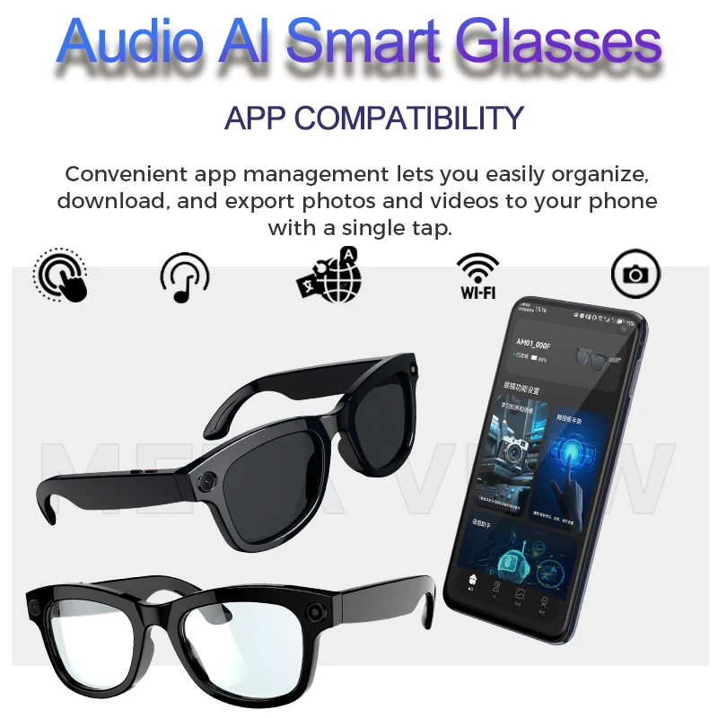 

Новинка 2025 года, умные очки с искусственным интеллектом, 8 МП, HD-камера, солнцезащитные очки, фото, видеорегистратор, водонепроницаемые, с двумя микрофонами, антисиние умные очки