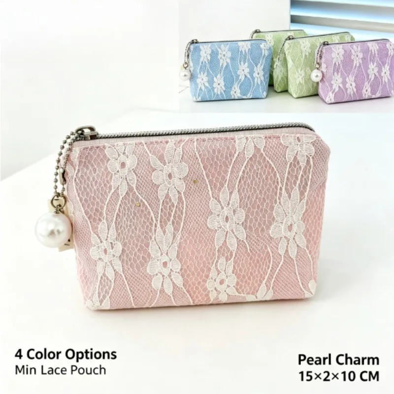 Lace Coin Purse Women Pearl Charm Mini Wallet Cute Lipstick Pouch Small Makeup Bag Zipper Card Holder for Girls Birthday Gift